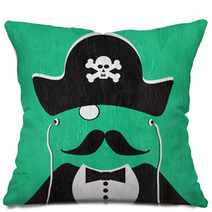 Pirate With Earphones On Wood Grain Texture Pillows 129399362