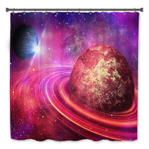 Planet With Rings At Sunrise On The Background Of The Cosmos Bath Decor 51859493