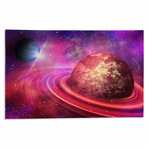 Planet With Rings At Sunrise On The Background Of The Cosmos Rugs 51859493