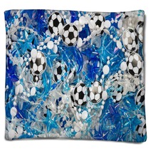 Plastic Blue And White Beads Soccer Balls Stars And Dolphins Abstract Background With A Shallow Depth Of Field Blankets 175143672