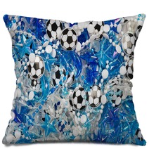 Plastic Blue And White Beads Soccer Balls Stars And Dolphins Abstract Background With A Shallow Depth Of Field Pillows 175143672