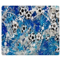 Plastic Blue And White Beads Soccer Balls Stars And Dolphins Abstract Background With A Shallow Depth Of Field Rugs 175143672