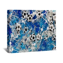 Plastic Blue And White Beads Soccer Balls Stars And Dolphins Abstract Background With A Shallow Depth Of Field Wall Art 175143672