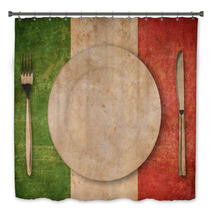Plate, Fork And Knife On Grunge Italian Flag Bath Decor 53960825