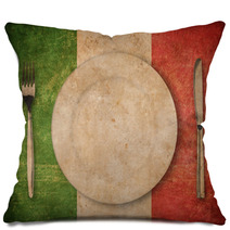 Plate, Fork And Knife On Grunge Italian Flag Pillows 53960825