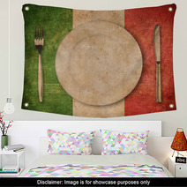Plate, Fork And Knife On Grunge Italian Flag Wall Art 53960825