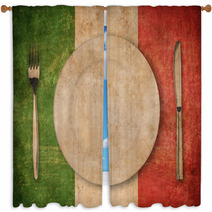 Plate, Fork And Knife On Grunge Italian Flag Window Curtains 53960825