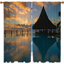 Pool And Bar Silhouetted Against A Spetacular Suns Window Curtains 87995
