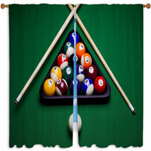 Pool Game Balls Against A Green Window Curtains 29256640