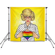Pop Art Illustration Of Lesbian Shows A T Shirt With The Colors Of The Rainbow Under Her Shirt Backdrops 145081064