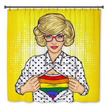 Pop Art Illustration Of Lesbian Shows A T Shirt With The Colors Of The Rainbow Under Her Shirt Bath Decor 145081064