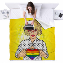 Pop Art Illustration Of Lesbian Shows A T Shirt With The Colors Of The Rainbow Under Her Shirt Blankets 145081064