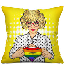 Pop Art Illustration Of Lesbian Shows A T Shirt With The Colors Of The Rainbow Under Her Shirt Pillows 145081064