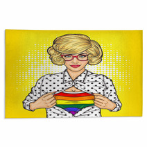 Pop Art Illustration Of Lesbian Shows A T Shirt With The Colors Of The Rainbow Under Her Shirt Rugs 145081064