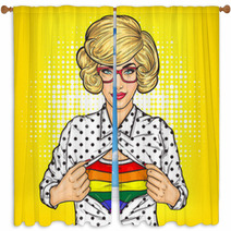 Pop Art Illustration Of Lesbian Shows A T Shirt With The Colors Of The Rainbow Under Her Shirt Window Curtains 145081064