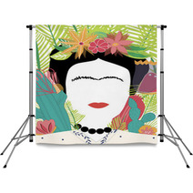 Portrait Of Mexican Or Spanish Woman Minimalist Frida Kahlo With Flowers Leaves Cactus Backdrops 231128848