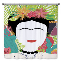 Portrait Of Mexican Or Spanish Woman Minimalist Frida Kahlo With Flowers Leaves Cactus Bath Decor 231128848