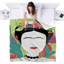 Portrait Of Mexican Or Spanish Woman Minimalist Frida Kahlo With Flowers Leaves Cactus Blankets 231128848