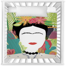 Portrait Of Mexican Or Spanish Woman Minimalist Frida Kahlo With Flowers Leaves Cactus Nursery Decor 231128848