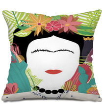 Portrait Of Mexican Or Spanish Woman Minimalist Frida Kahlo With Flowers Leaves Cactus Pillows 231128848