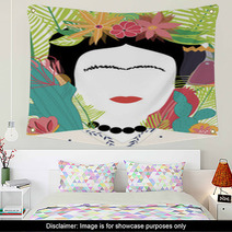 Portrait Of Mexican Or Spanish Woman Minimalist Frida Kahlo With Flowers Leaves Cactus Wall Art 231128848