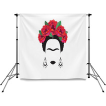Portrait Of Mexican Or Spanish Woman Minimalist Frida With Earrings And Red Flowers Vector Isolated Backdrops 155530919