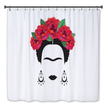 Portrait Of Mexican Or Spanish Woman Minimalist Frida With Earrings And Red Flowers Vector Isolated Bath Decor 155530919