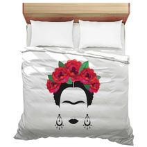 Portrait Of Mexican Or Spanish Woman Minimalist Frida With Earrings And Red Flowers Vector Isolated Bedding 155530919
