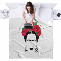 Portrait Of Mexican Or Spanish Woman Minimalist Frida With Earrings And Red Flowers Vector Isolated Blankets 155530919