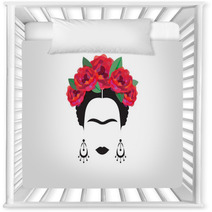 Portrait Of Mexican Or Spanish Woman Minimalist Frida With Earrings And Red Flowers Vector Isolated Nursery Decor 155530919