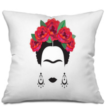 Portrait Of Mexican Or Spanish Woman Minimalist Frida With Earrings And Red Flowers Vector Isolated Pillows 155530919