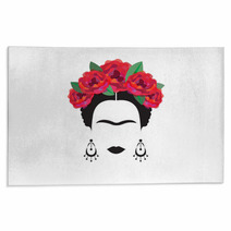 Portrait Of Mexican Or Spanish Woman Minimalist Frida With Earrings And Red Flowers Vector Isolated Rugs 155530919