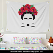 Portrait Of Mexican Or Spanish Woman Minimalist Frida With Earrings And Red Flowers Vector Isolated Wall Art 155530919