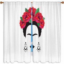 Portrait Of Mexican Or Spanish Woman Minimalist Frida With Earrings And Red Flowers Vector Isolated Window Curtains 155530919
