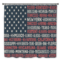 Poster Of United States Of America Flag With States And Capital Cities Print For T Shirt Of Usa Flag With Names States Colorful Vintage Typographic Hand Drawn Vector Illustration Bath Decor 134837050