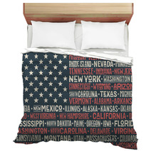 Poster Of United States Of America Flag With States And Capital Cities Print For T Shirt Of Usa Flag With Names States Colorful Vintage Typographic Hand Drawn Vector Illustration Bedding 134837050