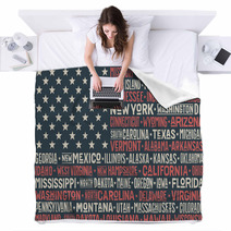 Poster Of United States Of America Flag With States And Capital Cities Print For T Shirt Of Usa Flag With Names States Colorful Vintage Typographic Hand Drawn Vector Illustration Blankets 134837050