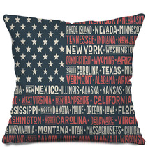 Poster Of United States Of America Flag With States And Capital Cities Print For T Shirt Of Usa Flag With Names States Colorful Vintage Typographic Hand Drawn Vector Illustration Pillows 134837050