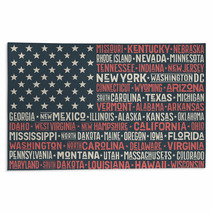 Poster Of United States Of America Flag With States And Capital Cities Print For T Shirt Of Usa Flag With Names States Colorful Vintage Typographic Hand Drawn Vector Illustration Rugs 134837050