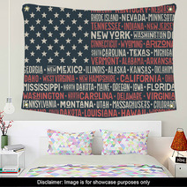 Poster Of United States Of America Flag With States And Capital Cities Print For T Shirt Of Usa Flag With Names States Colorful Vintage Typographic Hand Drawn Vector Illustration Wall Art 134837050