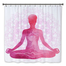Practicing Yoga Relaxation And Meditation Watercolor Silhouette Bath Decor 188011915