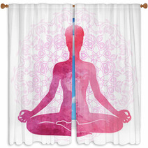 Practicing Yoga Relaxation And Meditation Watercolor Silhouette Window Curtains 188011915
