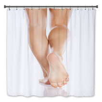 Pretty Female Legs And Bare Feet On White Background Bath Decor 66194693