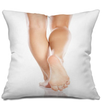 Pretty Female Legs And Bare Feet On White Background Pillows 66194693