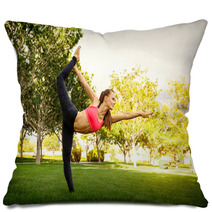 Pretty Woman Doing Yoga Exercises In The Park Pillows 115027038