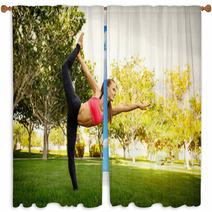 Pretty Woman Doing Yoga Exercises In The Park Window Curtains 115027038