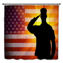 Proud Saluting Male Army Soldier On American Flag Background Bath Decor 57430051