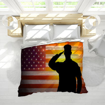 Proud Saluting Male Army Soldier On American Flag Background Bedding 57430051