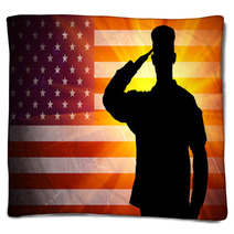 Proud Saluting Male Army Soldier On American Flag Background Blankets 57430051
