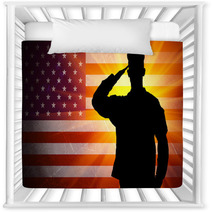 Proud Saluting Male Army Soldier On American Flag Background Nursery Decor 57430051